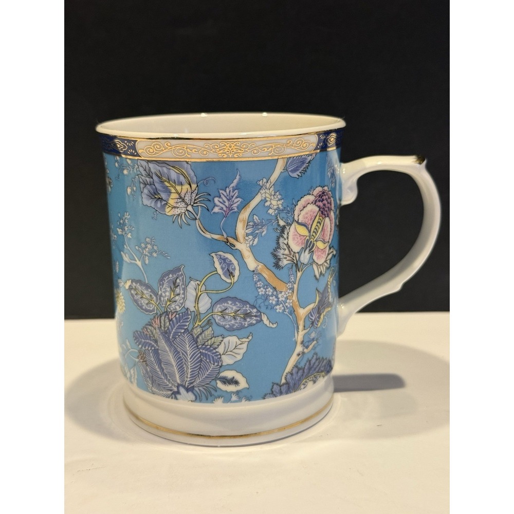 Grace Teaware Blue Chinoiserie Floral Fine Porcelain Mug Gold Trim 4.25" - Picture 2 of 7